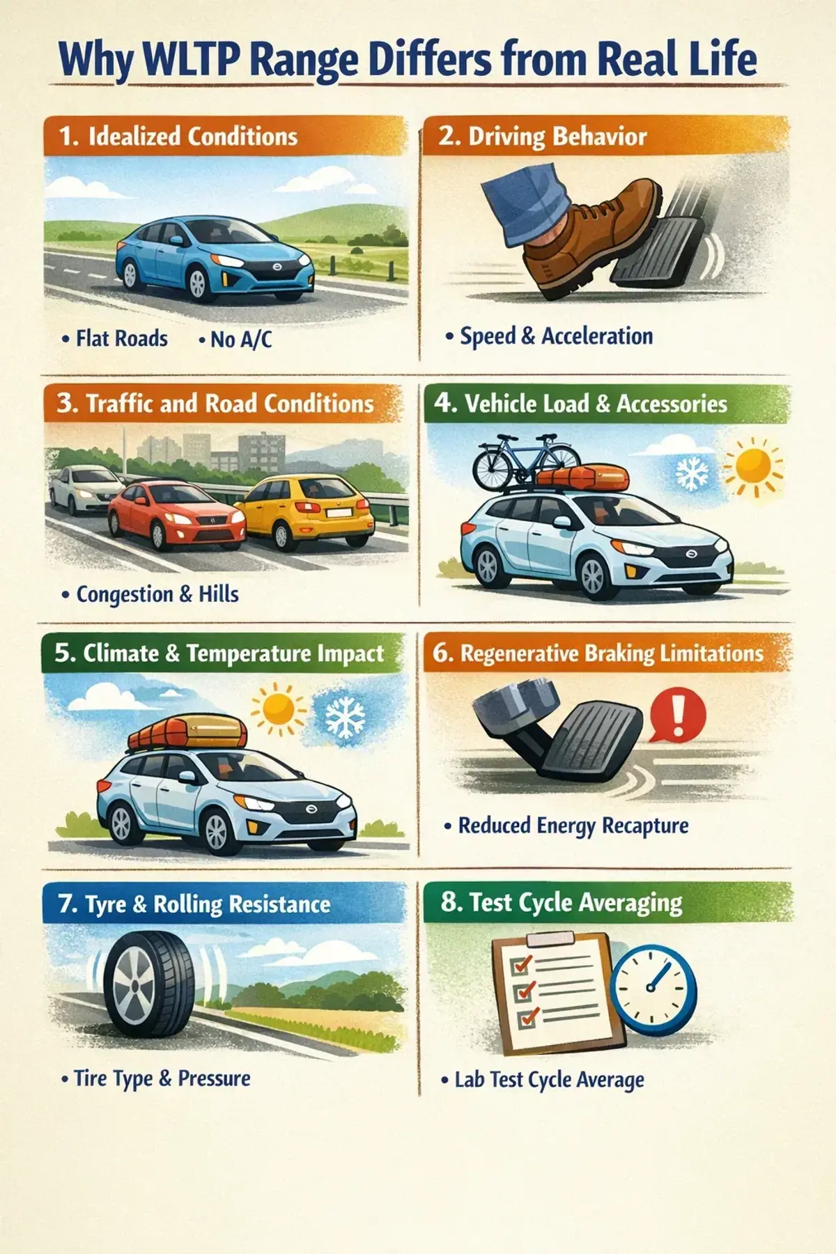 Infografic cu cele opt motive pentru care autonomia WLTP diferă de autonomia reală